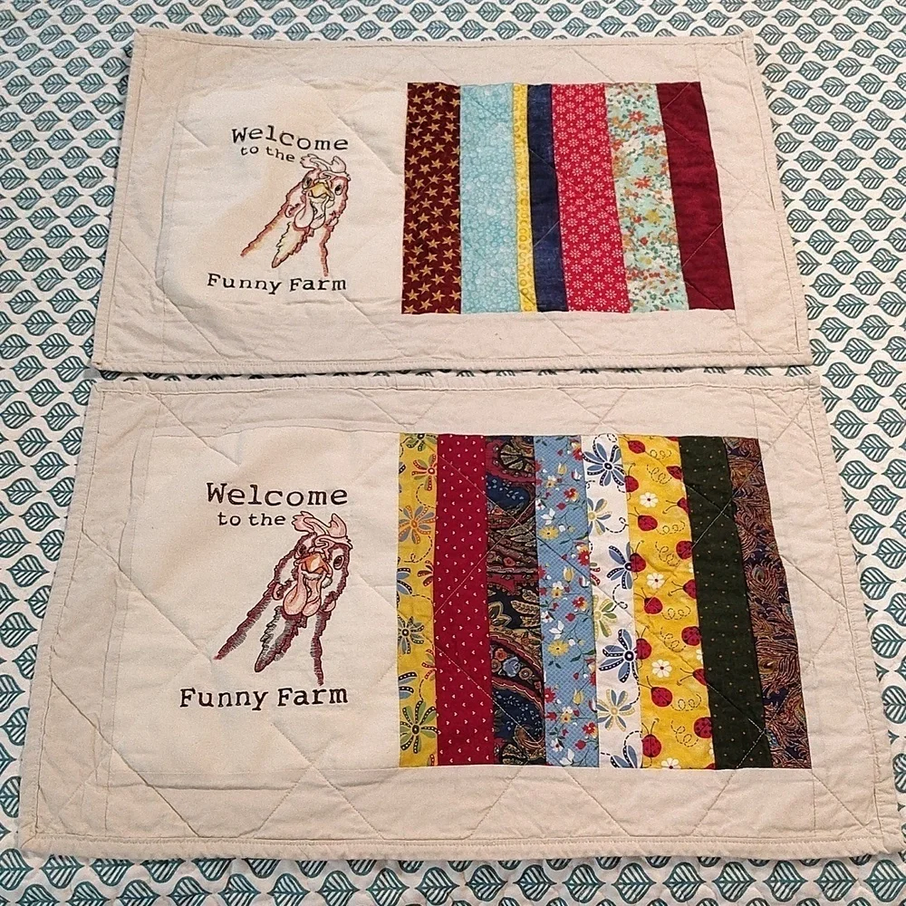 Handmade Quilted Hand Stitched Placemats Kitchen Chickens Funny Farm Funny
